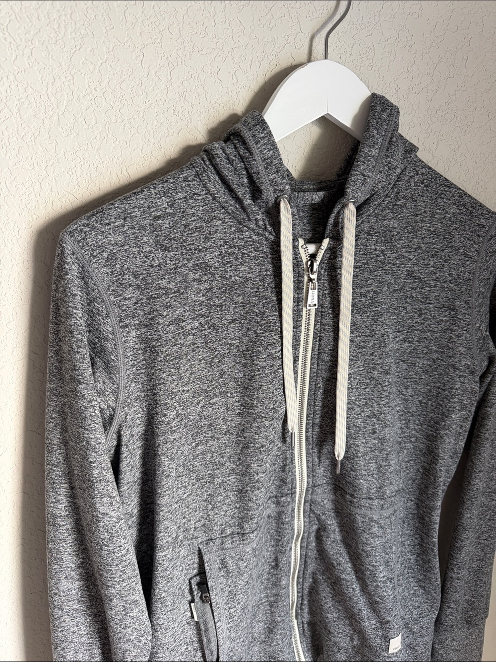 Vuori Heather Gray Zip Hoodie with Cream Drawcords